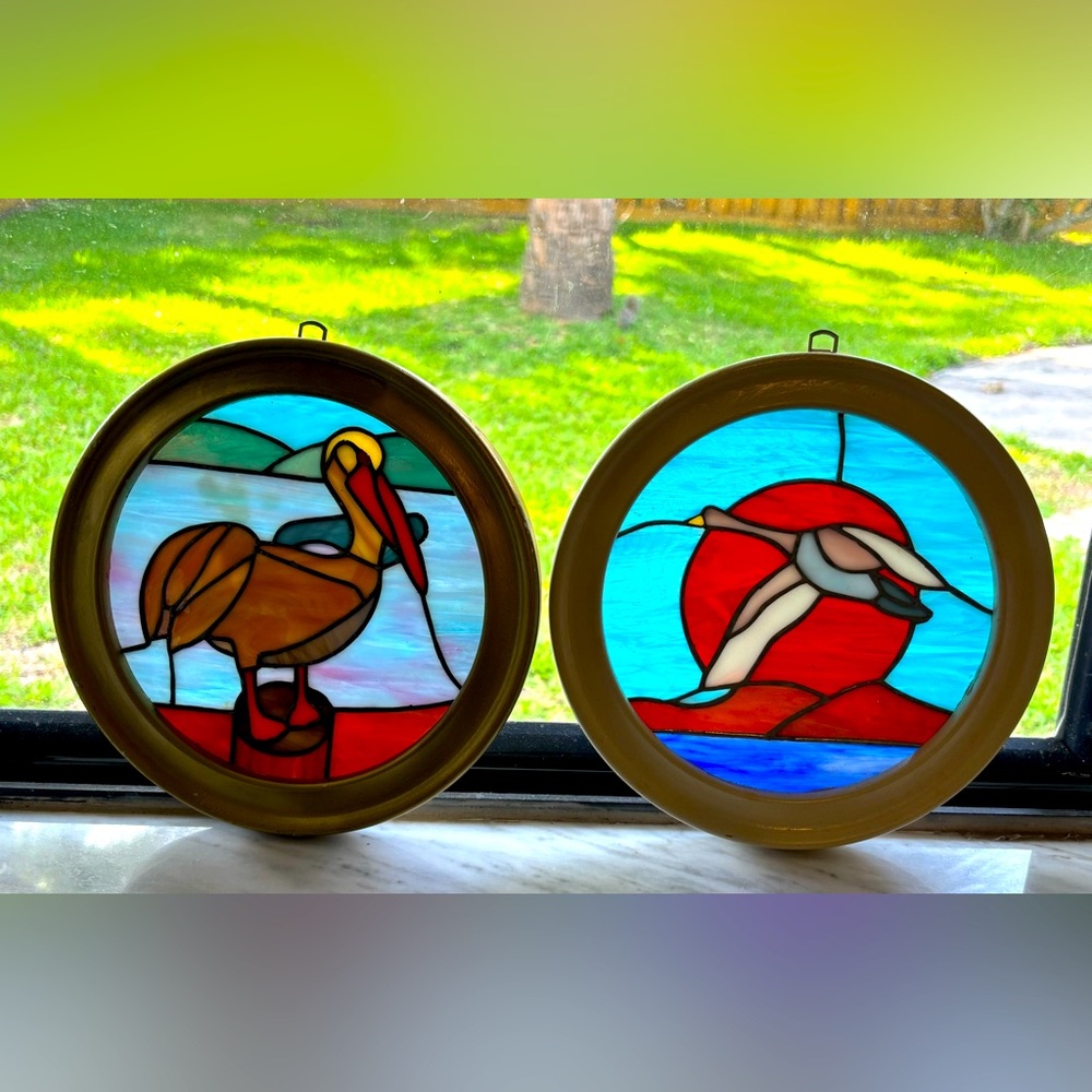 BEAUTIFUL Vintage Pair Of Leaded Stained Glass Birds Pelican & Goose Framed